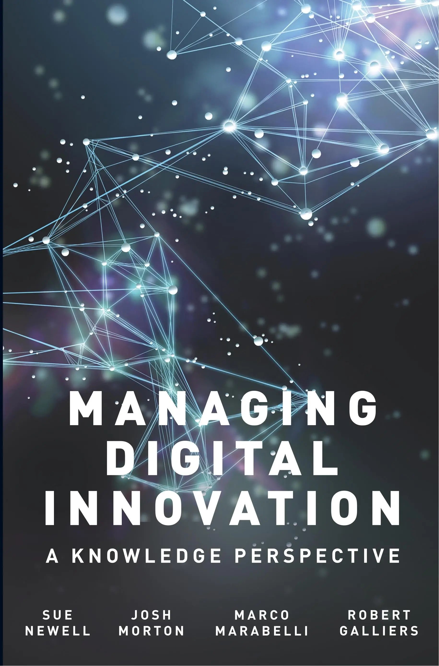 The book managing digital innovation with glowing blue and purple network lines demonstrates how organizational research and knowledge perspective integrate