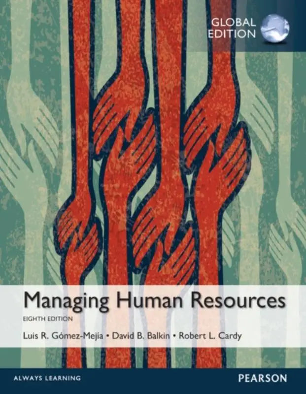De boekcover van managing human resources global edition toont rode handen op een groene achtergrond met witte tekst