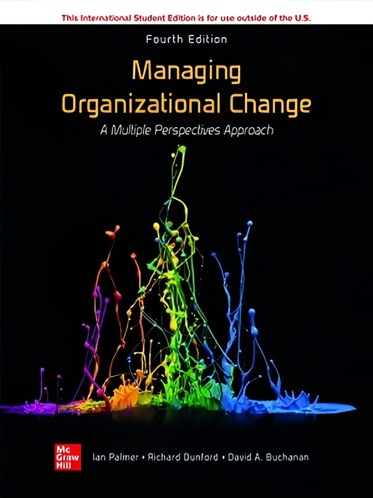 De boekcover van managing organizational change toont een multiple perspectives approach met gouden letters en regenboogkleurige vloeistofkunst op zwart