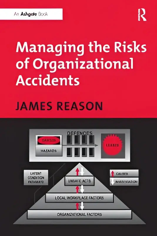 Rood hardcover boek managing the risks of organizational accidents door james reason met zwart diagram en rode iconen