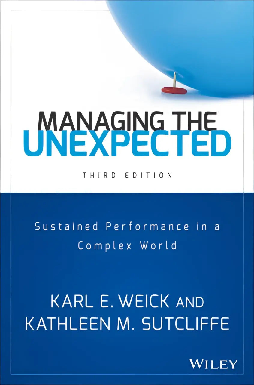 Blauwe ballon met rood bevestigingspunt bovenaan op het boek managing the unexpected voor het beheren van het onverwachte