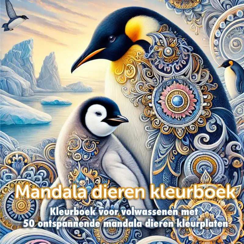 Een mandala dieren kleurboekpagina met een gedetailleerd geïllustreerde volwassen en kuiken pinguïn in blauwe, gouden en roze mandalapatronen voor ontspannende mandala dieren kleuren