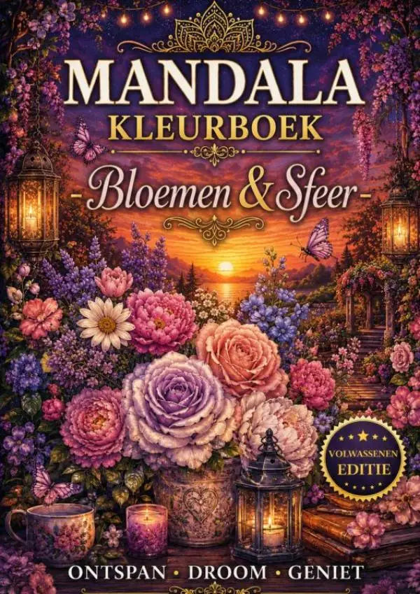 Vibrant mandala kleurboek met gedetailleerde paarse, roze en perzikkleurige bloemen in een weelderige tuinscène
