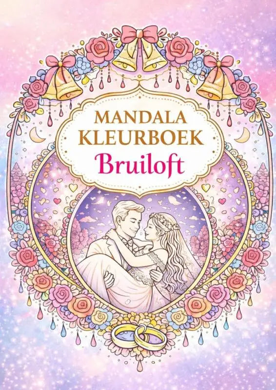 Delicaat geïllustreerd mandala kleurboek bruiloft met koppel in witte kleding omringd door roze en gouden rozen