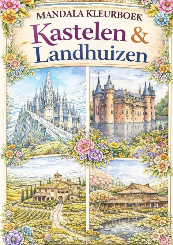 Dit is een kleurrijk mandala kleurboek met florale rand en de titel kastelen en landhuizen voor ontspanning