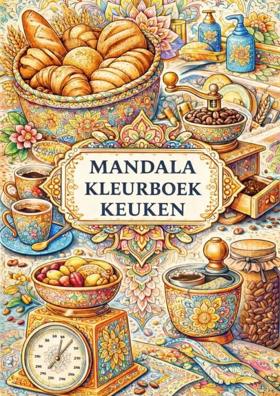 Mandala kleurboek keuken met kleurrijke, gedetailleerde mandala bloemen op broodkommen en koffiemokken