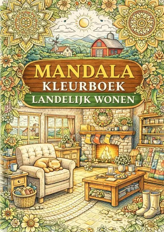 De mandala kleurboek landelijk wonen toont een rustiek interieur met gedetailleerde mandala en bloemenpatronen