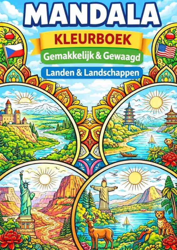 Mandala kleurboek landen en landschappen met kleurrijke illustraties van wereldwijde bezienswaardigheden en landschappen