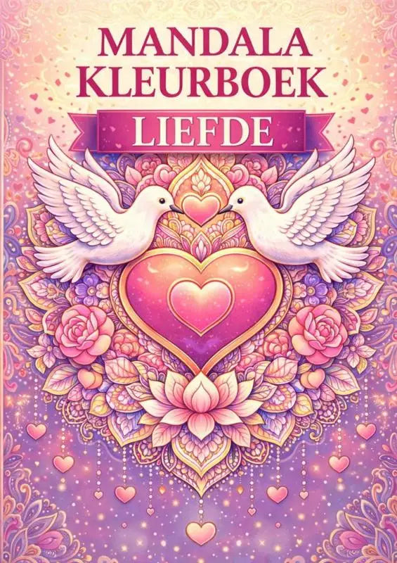 Mandala kleurboek met levendig roze en paars ontwerp met twee witte duiven boven een gloeiend hart