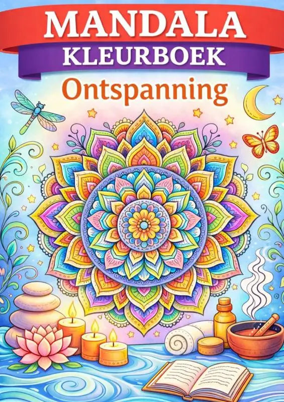 Een kleurrijk mandala kleurboek met gedetailleerde patronen, vlinders, kaarsen en lotus bloemen voor ontspanning