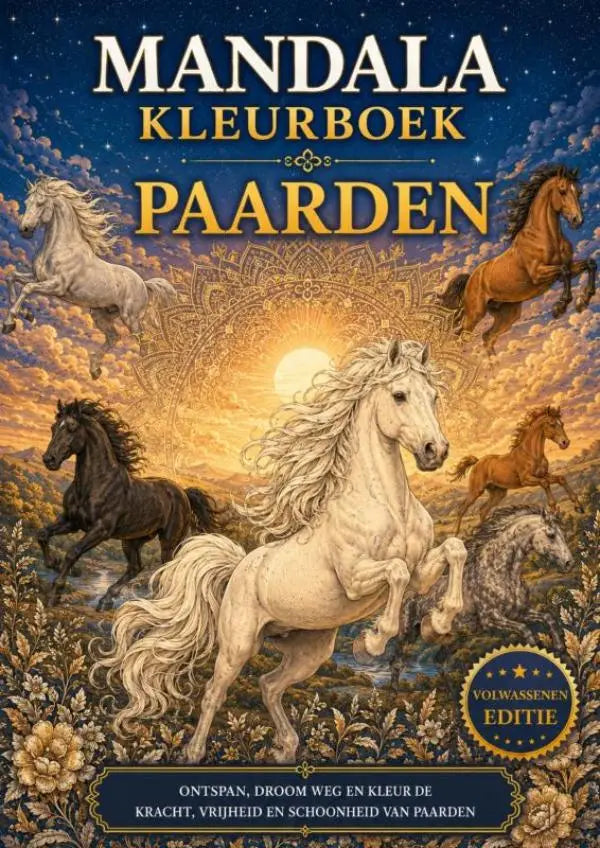 Mandala kleurboek paarden met gedetailleerde kleurrijke paarden in diverse poses tegen een levendige sterrenhemel achtergrond