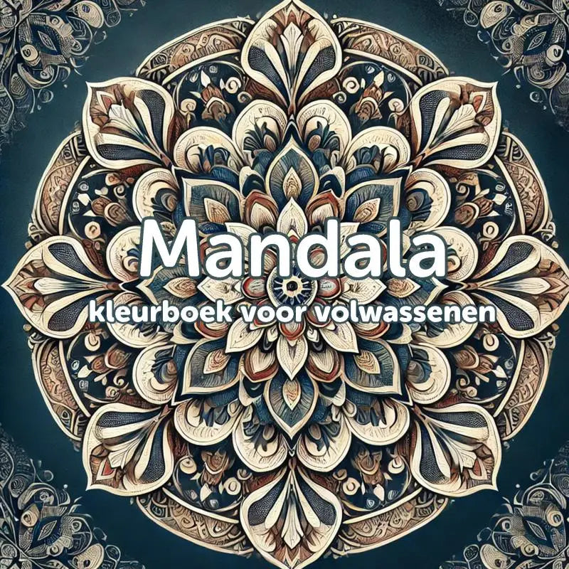 Mandala kleurboek voor volwassenen met 38 ontspannende ontwerpen in crème, bruin en diepblauw op donkergroene achtergrond