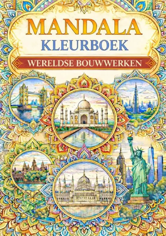Vibrant mandala kleurboek wereldse bouwwerken met kleurrijke mandala en wereldberoemde monumenten zoals taj mahal en statue of liberty