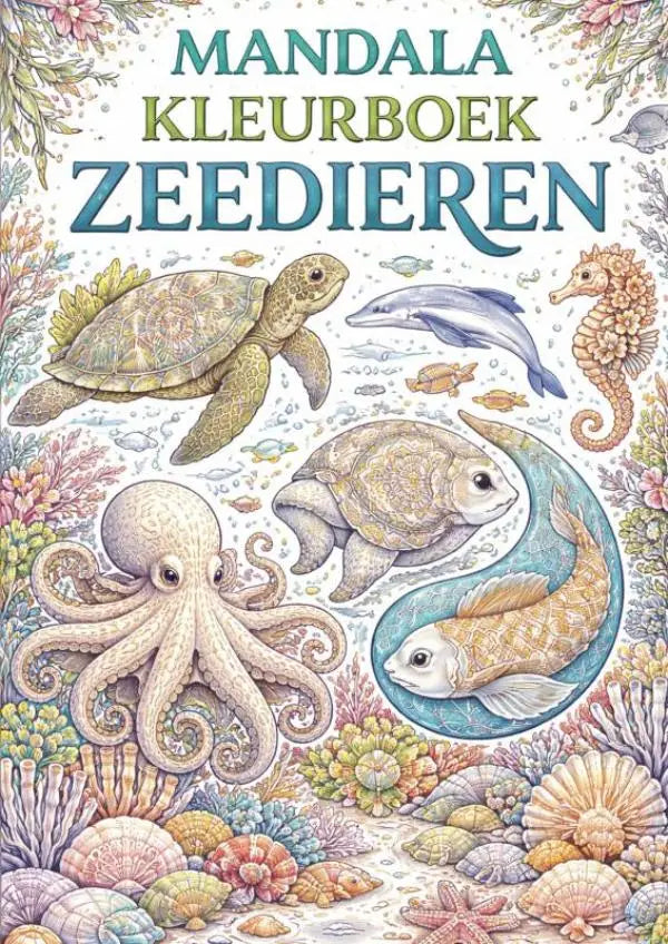 Cover van mandala kleurboek zeedieren met kleurrijke illustraties van zeedieren zoals schildpadden en octopus