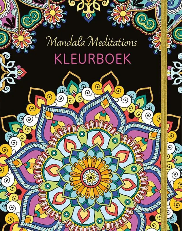 Mandala meditations kleurboek met zwart omslag en gouden rug bevat levendige, ingewikkeld ontworpen mandalakleurplaten van deltas chantecler
