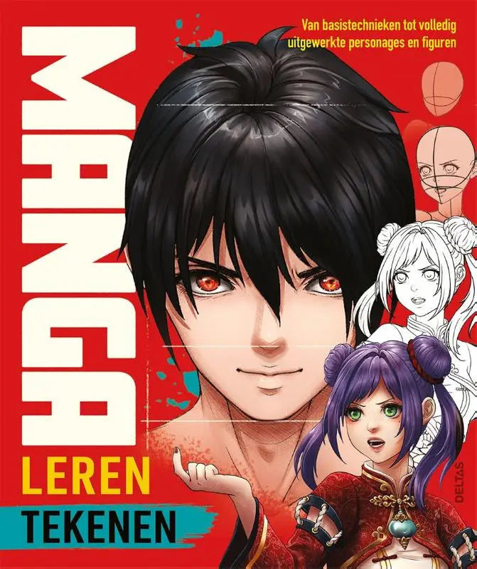 Rode manga tekenboekcover met centraal animepersonage met zwart haar en oranje ogen voor manga leren tekenen