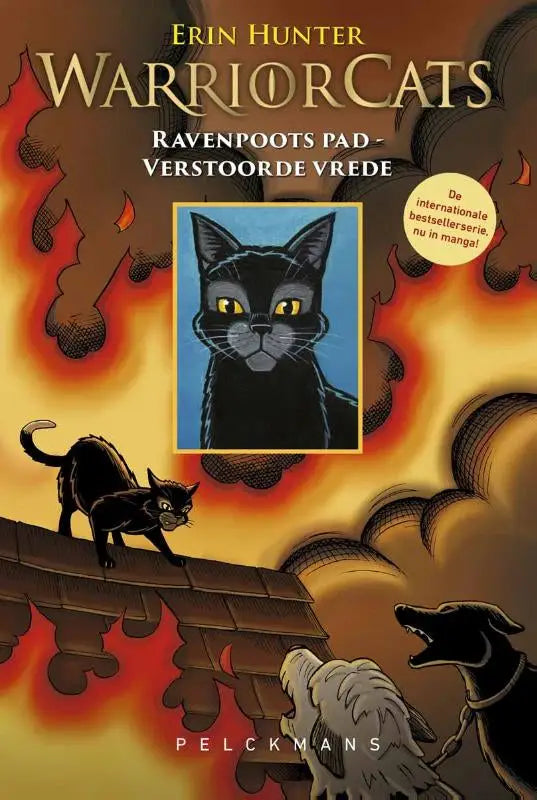 Illustratie van zwarte kat met gele ogen op boekcover van manga ravenpoots pad verstoorde vrede voor jonge lezers