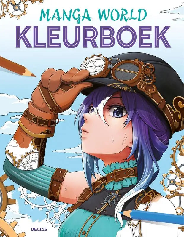 Steampunkstijl anime meisje met paarse haar in manga world kleurboek met zwart hoed en koperen tandwielen deltas chantecler
