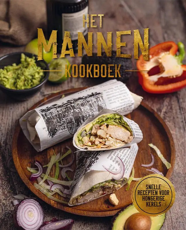 Een rustieke houten schaal met twee burritos van eenvoudige ingrediënten uit het mannenkookboek