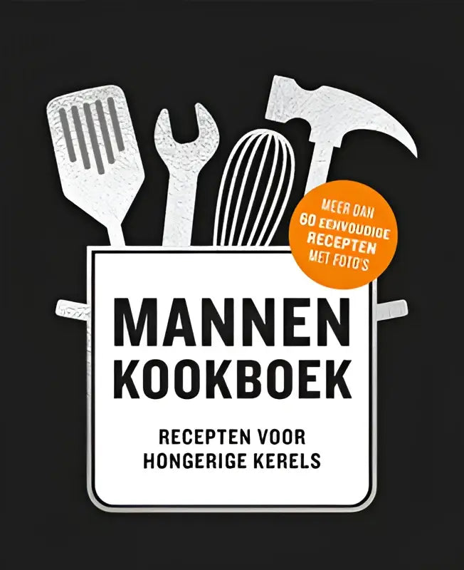 Zwart mannenkookboek met witte lijntekeningen van keukengerei en titel mannen kookboek in zwarte hoofdletters