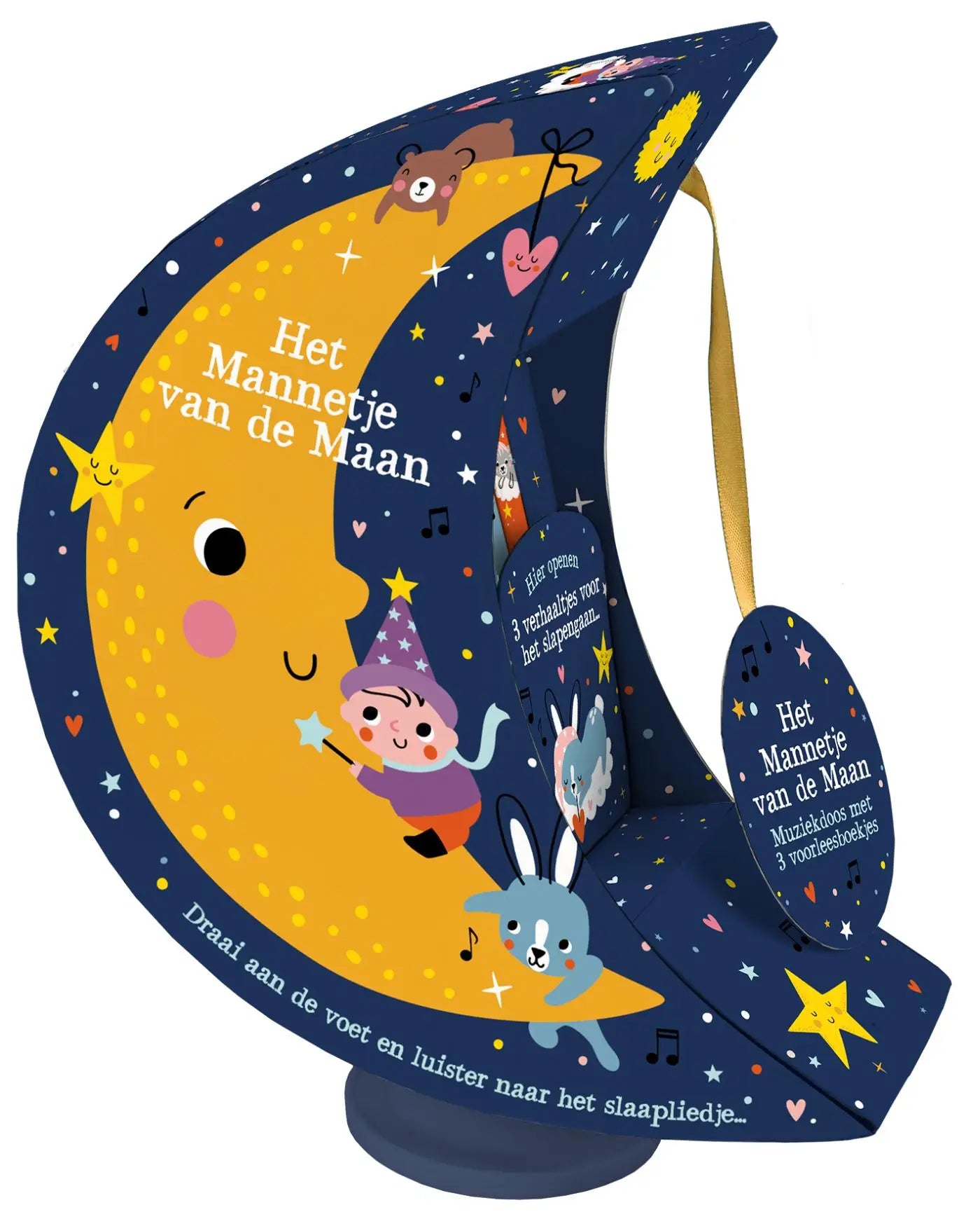 Een charmant geïllustreerd kinderboek het mannelijke van de maan in maansikkelvorm met vrolijk geel gezicht en stevige kartonnen kaft voor jonge lezers