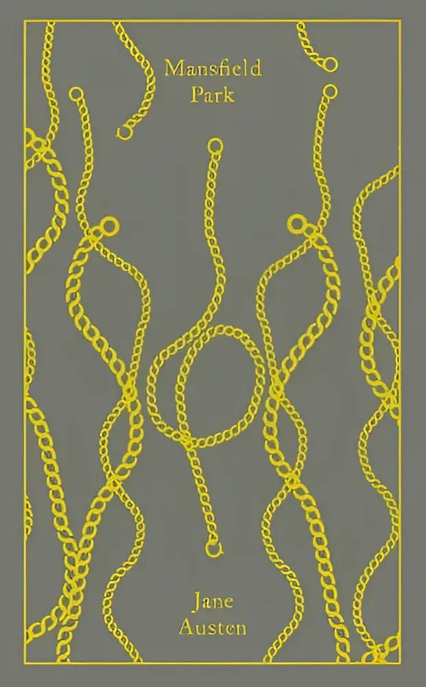 Grijs classics hardcover van mansfield park door jane austen met gele schakels en gouden letters van penguin clothbound