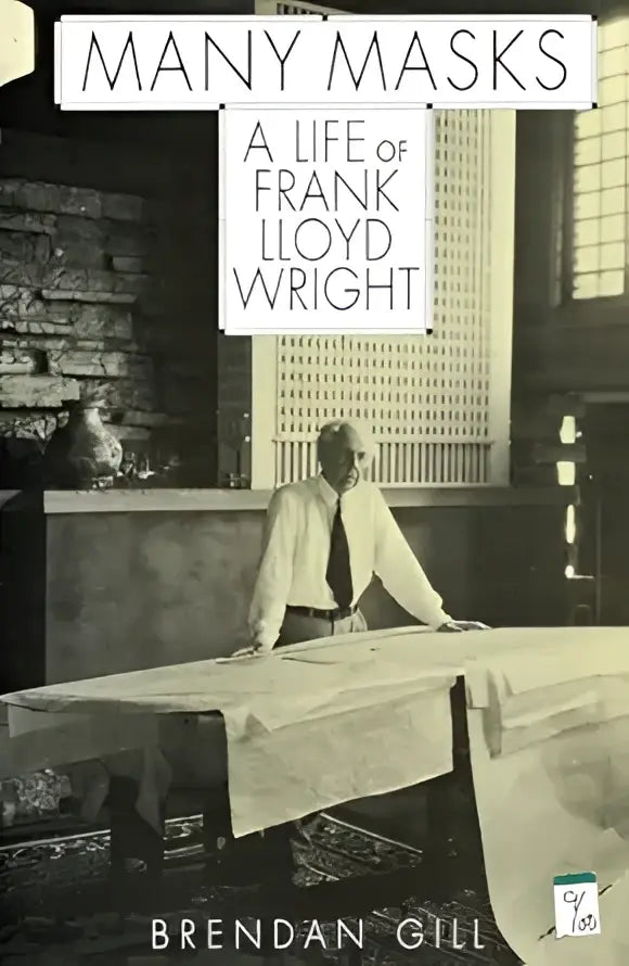 Zwart-witte boekomslag van many masks een leven van frank lloyd wright door brendan gill met sepiafoto van een oudere man