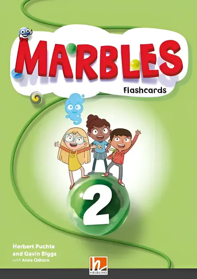 Marbles 2 flashcards: groene knikkersboek met cartoonkinderen op knikker 2