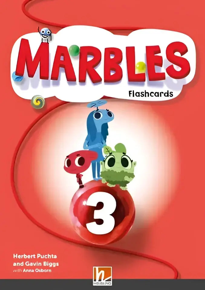 Rode Marbles 3 flashcards met cartoonfiguren op levendige rode achtergrond