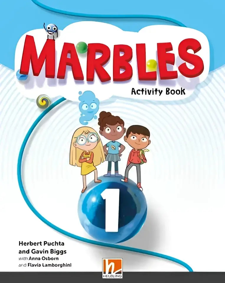 Blauwe marmeren activiteitboek 1 omslag met rode Marbles-titel en cartoonkinderen op bol
