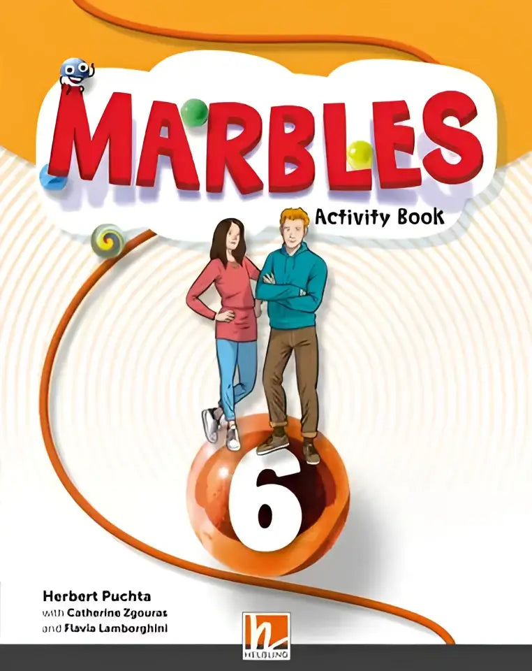 Omslag Marbles activity book 6 met oranje-wit design en cartoonfiguren op grote zes