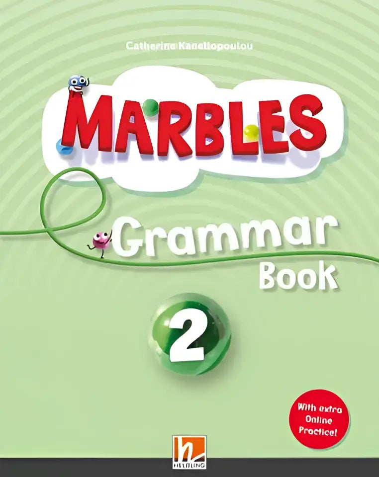 Groen-wit Marbles Grammar Boek 2 met glanzende groene 2-orb en cartoons