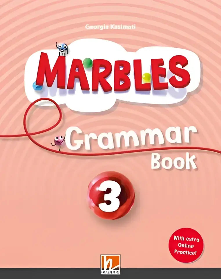 Omslag Marbles Grammar 3 met rood-wit lettertype, cartoons en perzikachtergrond