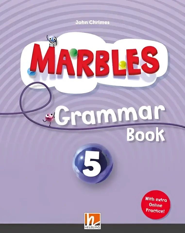 Marbles Grammar 5 boek met paarse kaft, blauwe marmer en 5