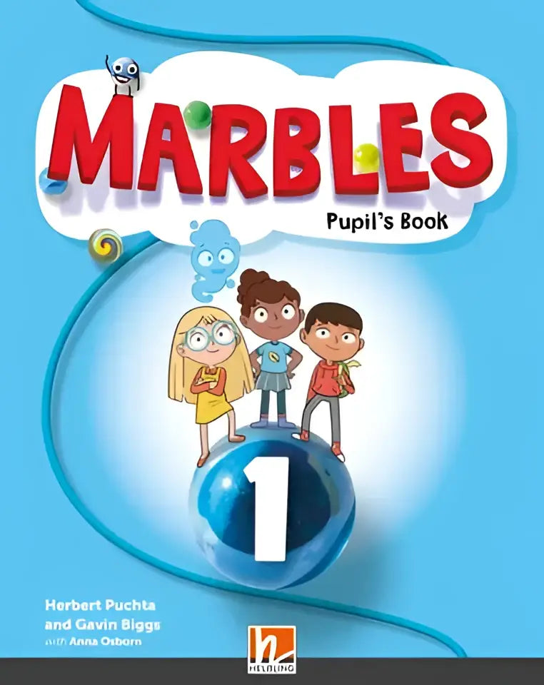 Blauwe kinderboekhoes Marbles Pupil’s Book 1 met cartoonfiguren op bol