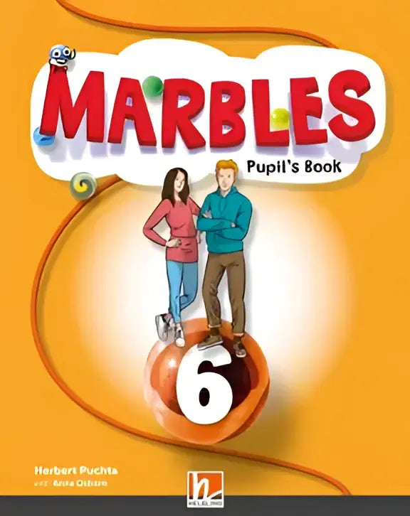 Marbles leerlingboek 6 met oranje kaft en cartoonfiguren op grote oranje knikker met 6