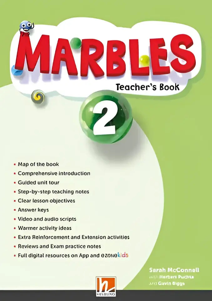 Groene en witte Marbles 2 Teacher’s Book met rode letters en cartoonfiguur