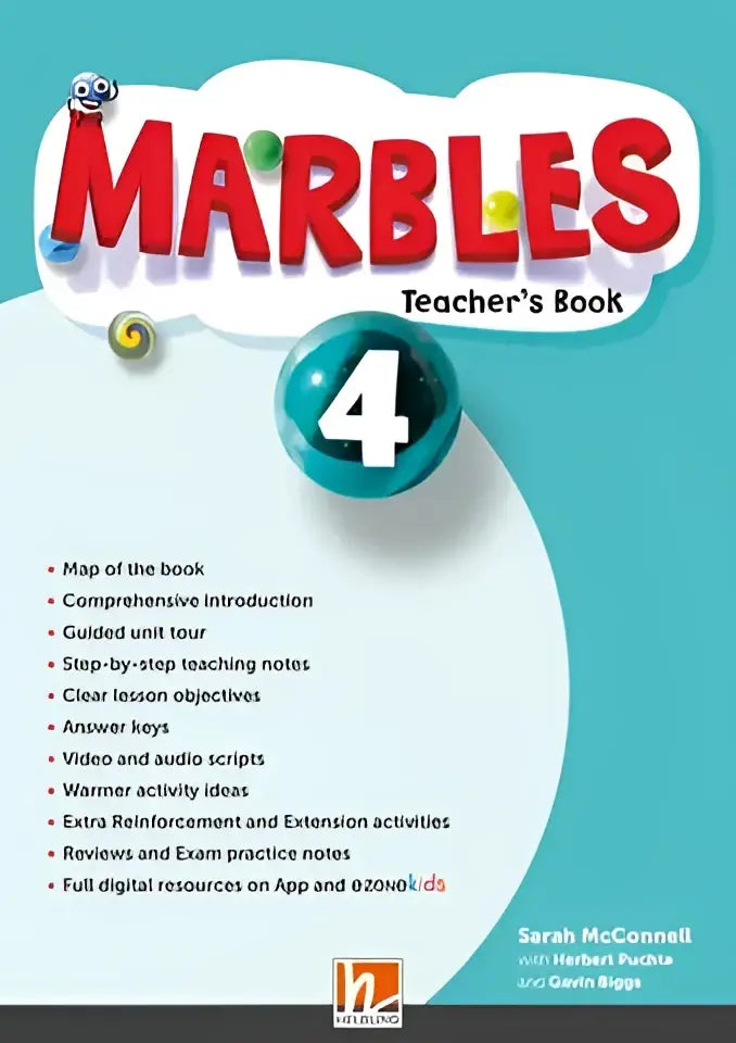 Marbles Teacher’s Book 4: teal-witte gids met rode letters en cartoonmarbles