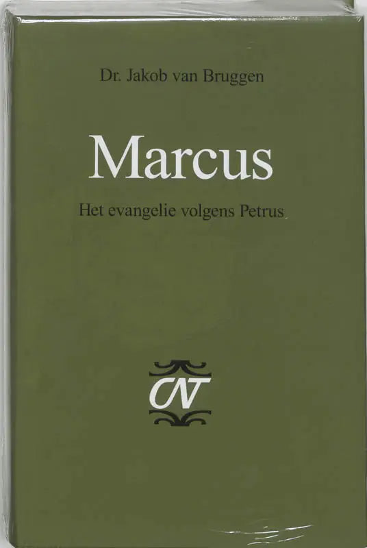 Olijfgroen hard cover boek marcus het evangelie volgens petrus met witte tekst en logo over nieuwe testament