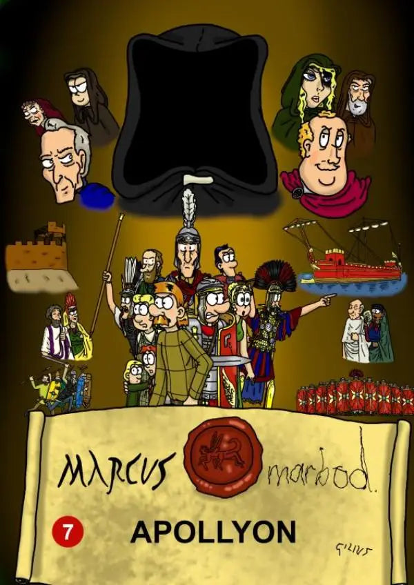 Zwarte hooded mantel met witte veeraccenten gedragen door centrale figuur in historische illustratie Marcus & Marbod 7 Apollyon