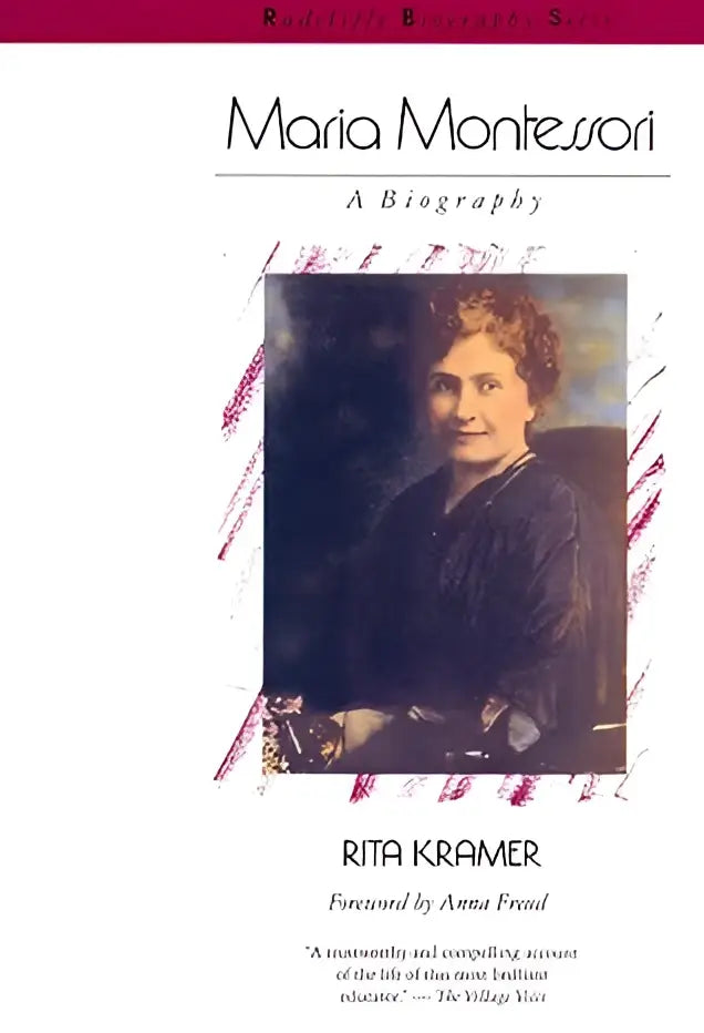 Soft-focus portret van maria montessori op de omslag van maria montessori a biography met maroon en witte rand