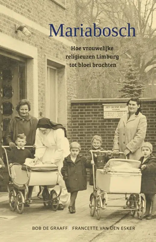 Het sepia kleuren boek cover van mariabosch toont vrouwelijke religieuzen limburg met blauwe titel en ondertitel