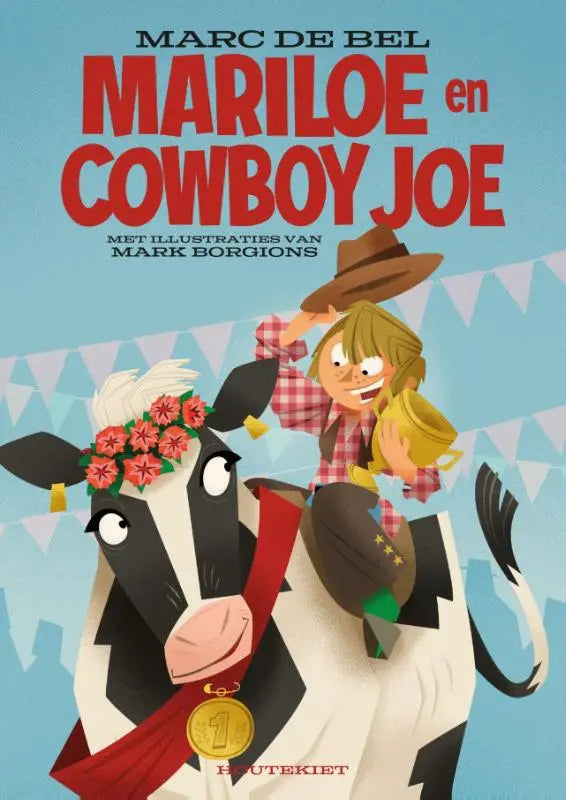 Cartoonkoe met zwart-witte vlekken, rood lint en gouden medaille nummer 1, versierd met roze bloemen voor cowboy joe en jonge lezers