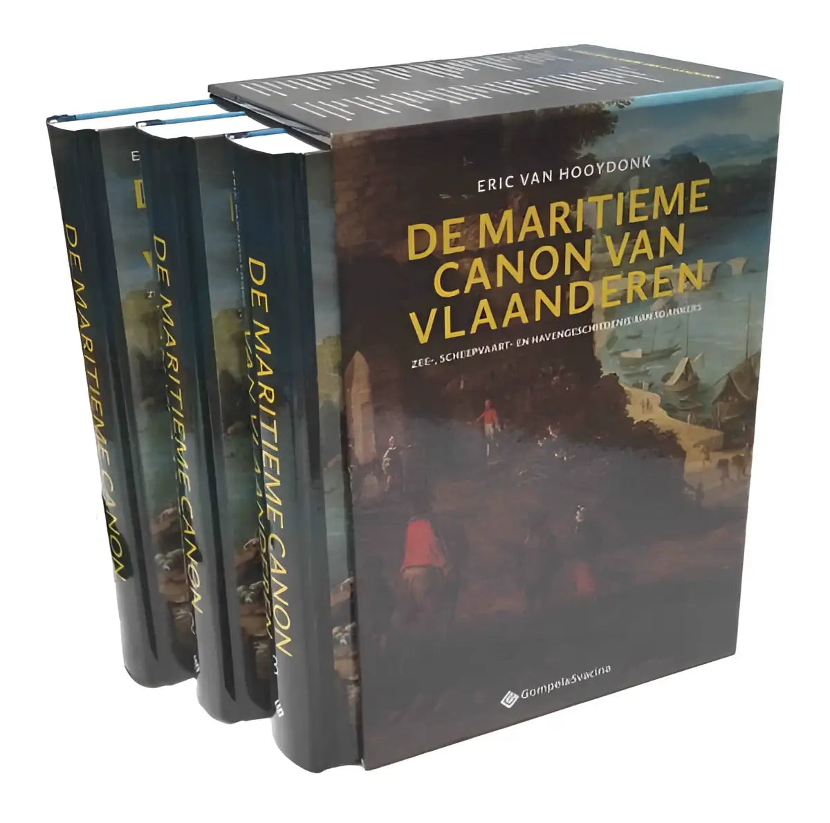 Drie donkergroene hardcover boeken de maritieme canon van vlaanderen 2de uitgave in een bijpassende doos