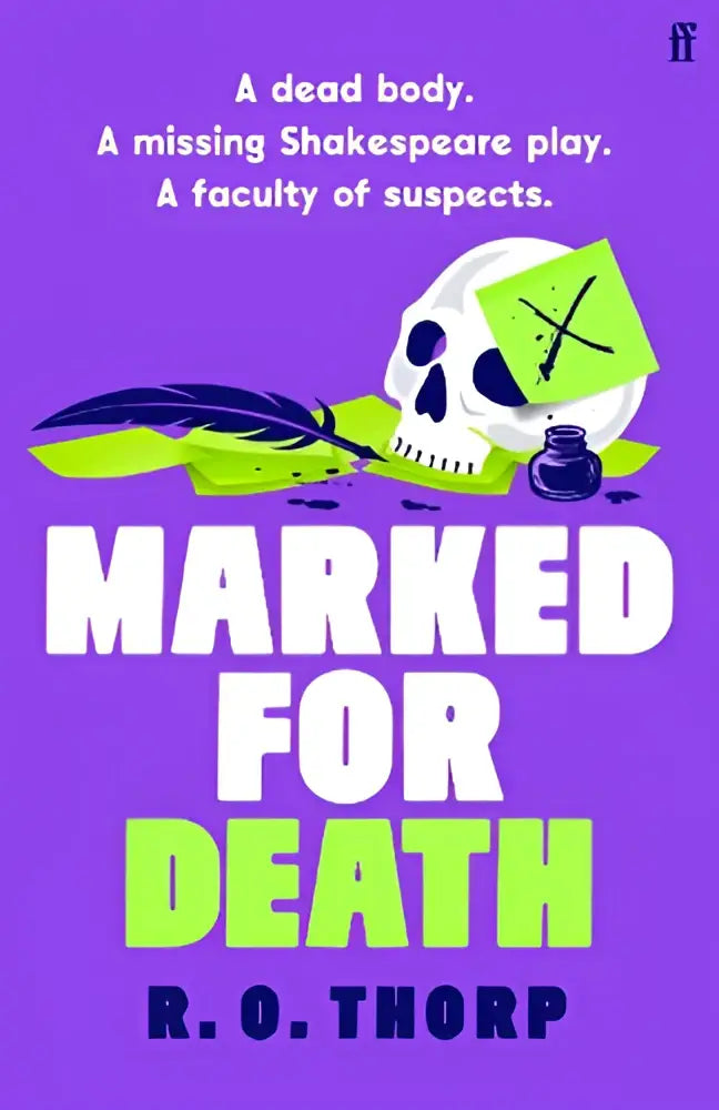 Een witte schedel met een groene inktveger en veer op paarse achtergrond voor marked for death de quirky en irresistibly fun moordmysterie van 2026