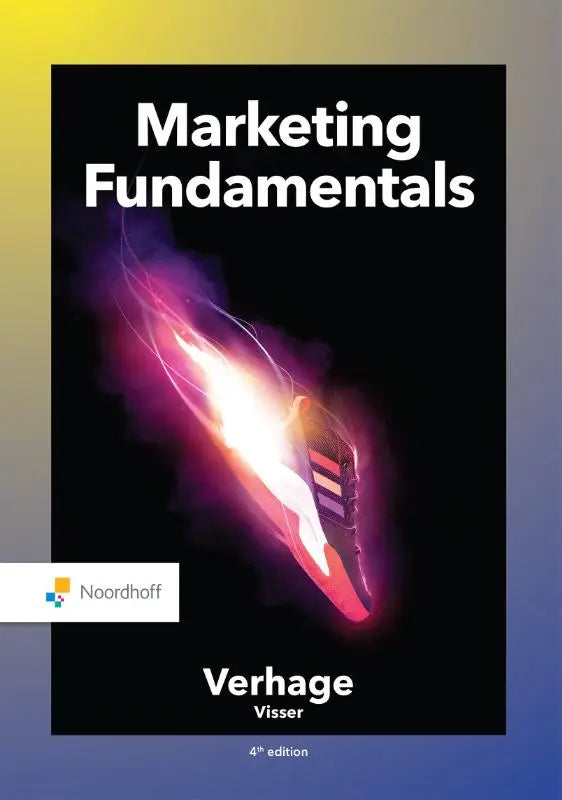 Zwart boekmarketing fundamentals met witte tekst en een rode zwarte sneaker in paarse oranje vlammen door bronis verhage en marjolein visser