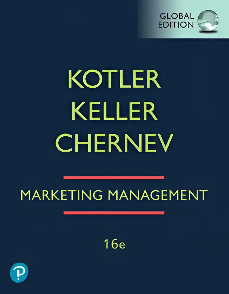 Donkerblauwe marketing management tekstboekomslag met titel van kotler keller en chernev in lichtgroene tekst met rode lijnen