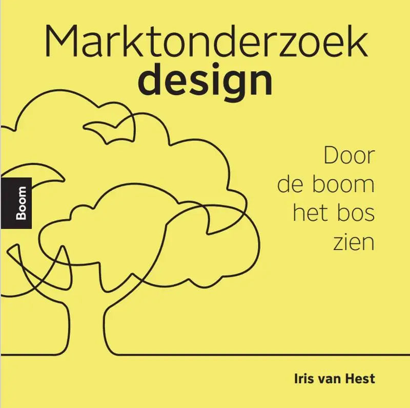 Gele boekomslag van marktonderzoekdesign met minimalistische zwarte tekening van een boom en vogels door koninklijke boom uitgevers