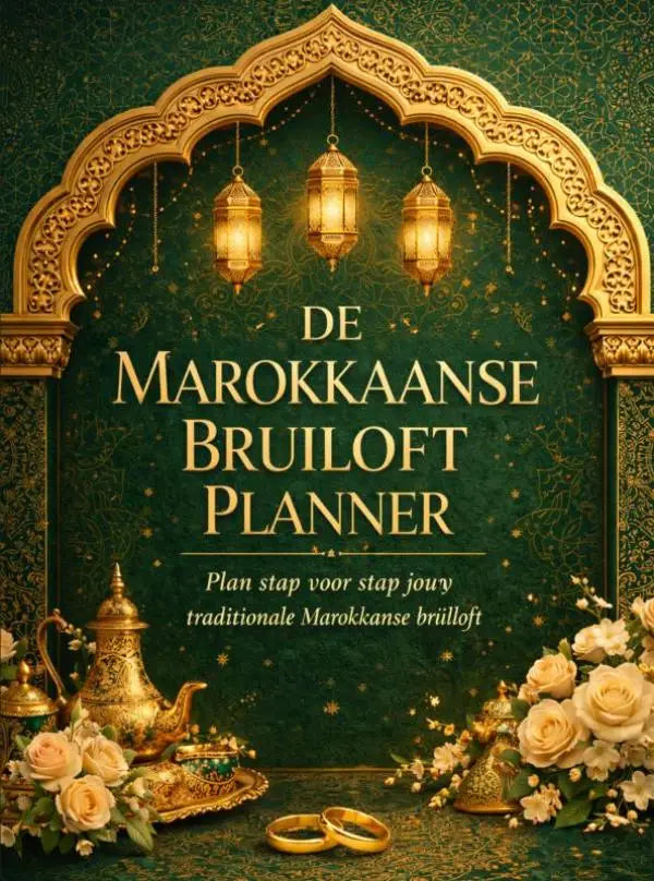 De marokkaanse bruiloft planner met gouden frame en arabische bogen voor marokkaanse trouwplanner complete editie groen