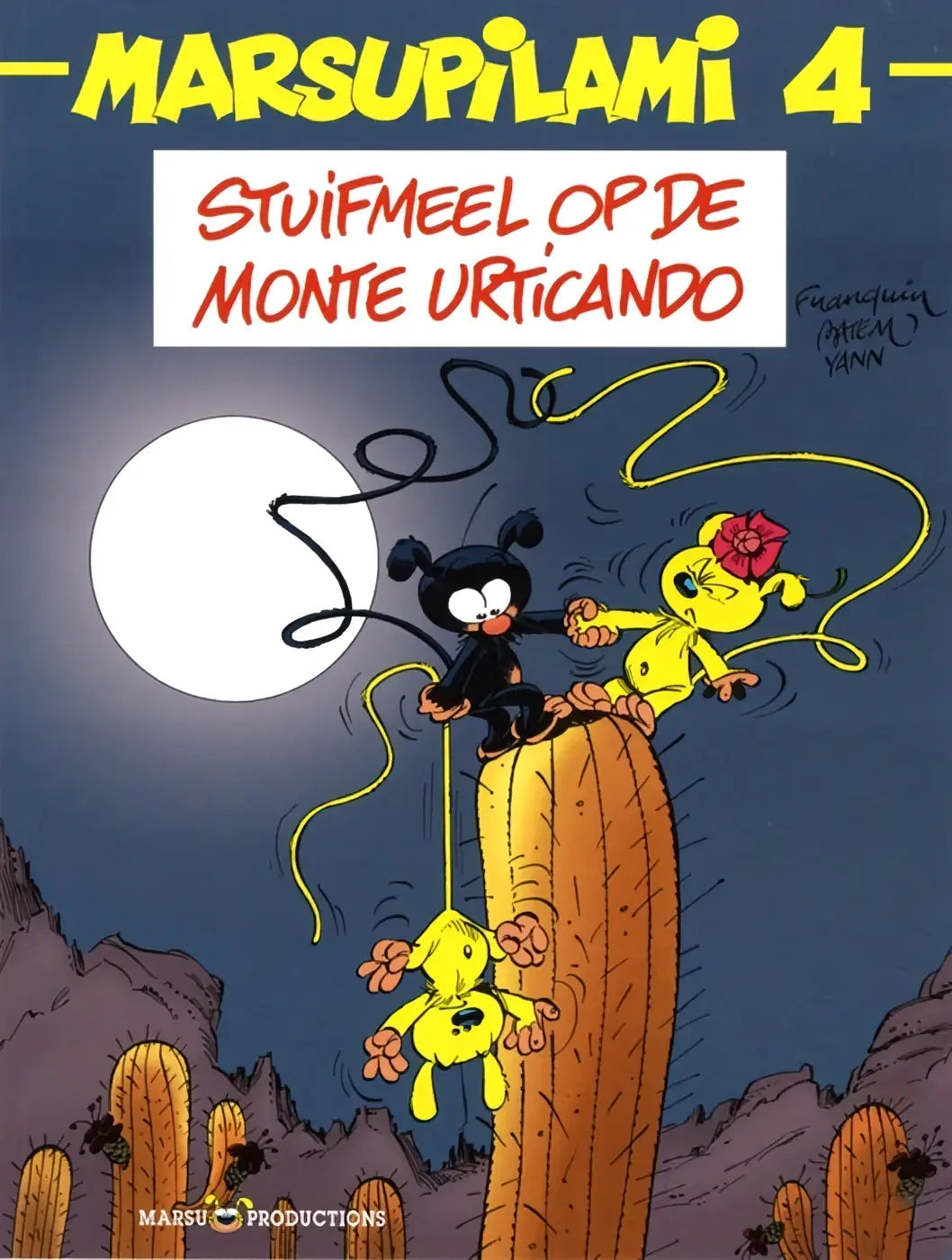 De cover van de strip marsupilami 4 monte urticando toont een zwart gele marsupilami tegen een nachtelijke hemel door yann batem